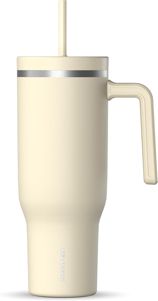 Hydrapeak Voyager 40 Oz Stainless Steel Tumbler with Handle, Insulated Water Bottle With Straw & Lid, Cupholder Friendly Reusable Travel Mug (Modern Cream) - Bloomnest