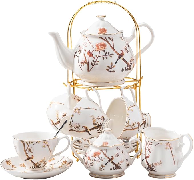 Jusalpha Fine China Bird Tree Pattern Coffee Cup/Teacup Set, 8 OZ Cups& Saucer Service for 4, with Teapot-Sugar Bowl-Cream Pitcher Teaspoons and tea strainer for Tea/Coffee, 17-Pieces (Bird Tree) - Bloomnest