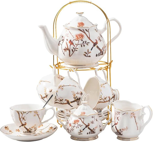 Jusalpha Fine China Bird Tree Pattern Coffee Cup/Teacup Set, 8 OZ Cups& Saucer Service for 4, with Teapot-Sugar Bowl-Cream Pitcher Teaspoons and tea strainer for Tea/Coffee, 17-Pieces (Bird Tree) - Bloomnest