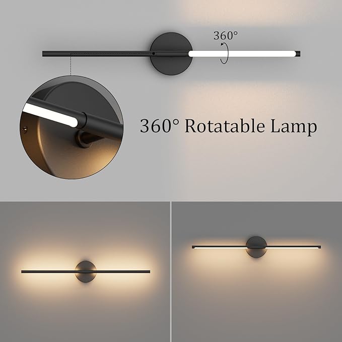 Black Wall Sconce for Bathroom 28In Hardwired Vanity Light Fixture 3000K Indoor Bathroom Sconce Over Mirror 360° Rotate for Living Room - Bloomnest