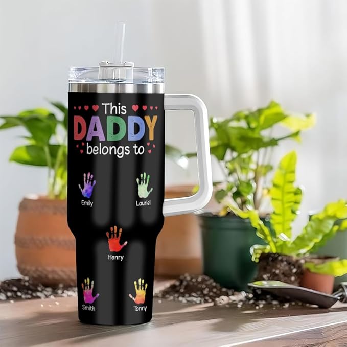 Personalized Dad Tumbler with Handle and Straw, Custom Handprint Design with Kids’ Names, Cute Father’s Day Gift from Children for Daddy or Papa - Bloomnest