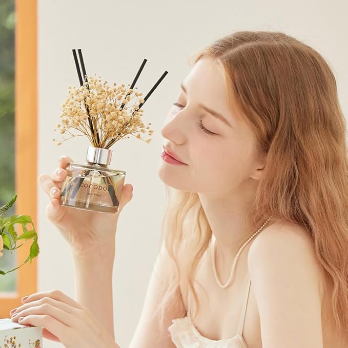 COCODOR Flower Reed Diffuser Set / 6.7oz / Clean Linen/Scent Diffuser with Sticks Home Fragrance Reed Diffuser for Bathroom Shelf Decor