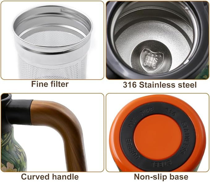 Vintage Floral Teapot with Built In Infuser, 2025 New Stainless Steel Thermal Teapot 1000ml Large Capacity to Meet Daily Needs (Pattern 11)