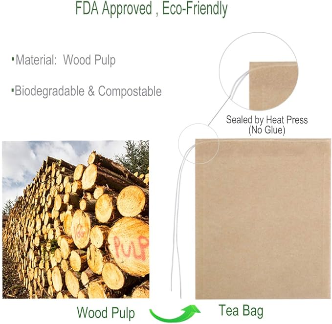 Eco-Fil Disposable Tea Filter Bags for Loose Tea, Wood Pulp Material, Biodegradable and Compostable, Unbleached Empty Tea Infuser Sachets with Drawstring, 100 Pack (3.2inch x 4.0inch)