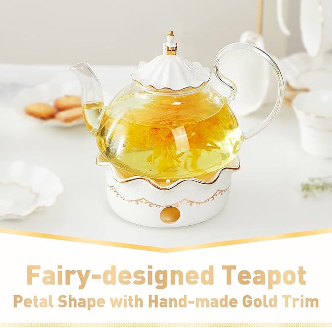 DUJUST Blooming Tea Pot Set, Luxury British Design with Relief Decor & Gold Trims, Hand-Crafted Clear Teapot with Warmer, 40oz Glass Teapot with Infuser, Stove-Safe Tea Party Gift & Home Décor - Bloomnest
