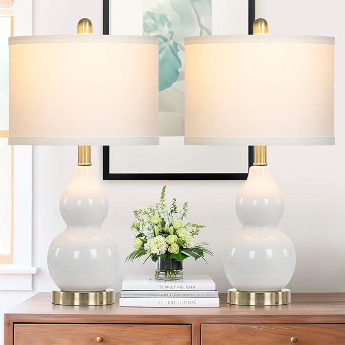 22" Modern Double Gourd Ceramic Table Lamps Set of 2, White Bedside Lamps for Living Room, Contemporary Nightstand Desk Lamps for Bedroom End Table Home Office Decor(2 LED Bulbs Included) - Bloomnest