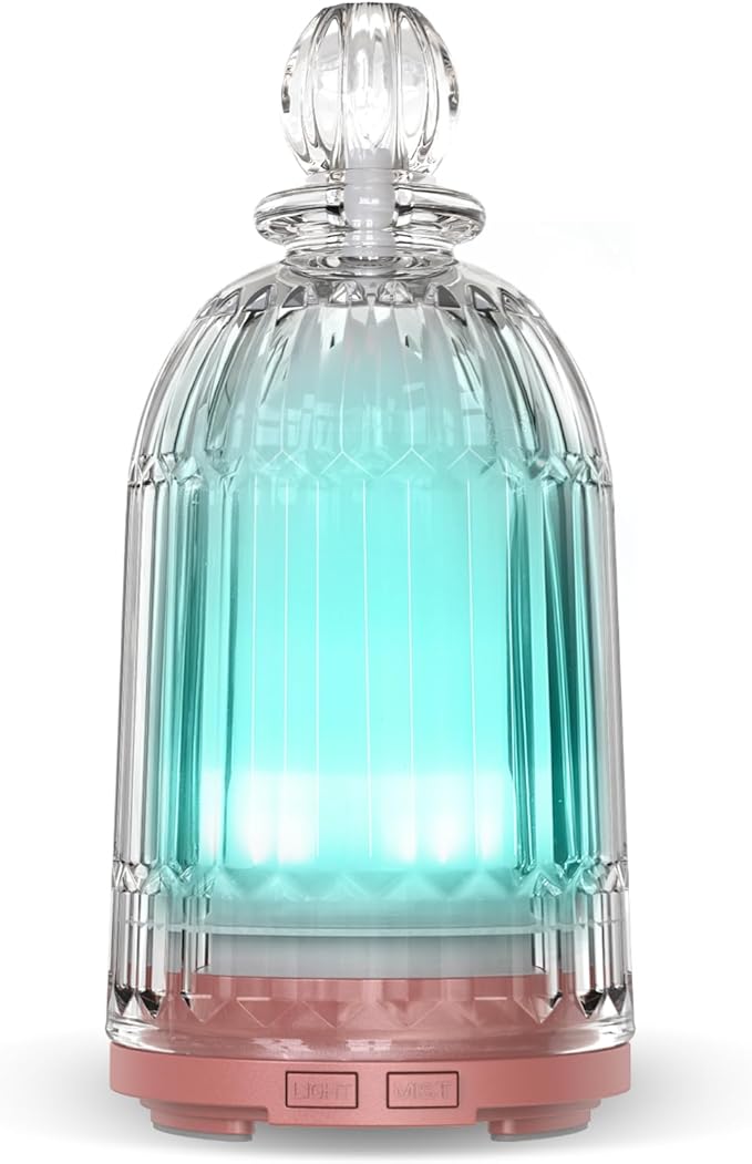 120ml Glass Essential Oil Diffuser, Ultrasonic Aroma Diffuser Glass Cover & Plastic Reservoir with Auto Shut-Off 7 Colors LED Lights for Home Office Bedroom(Bronze Base) DOUDING