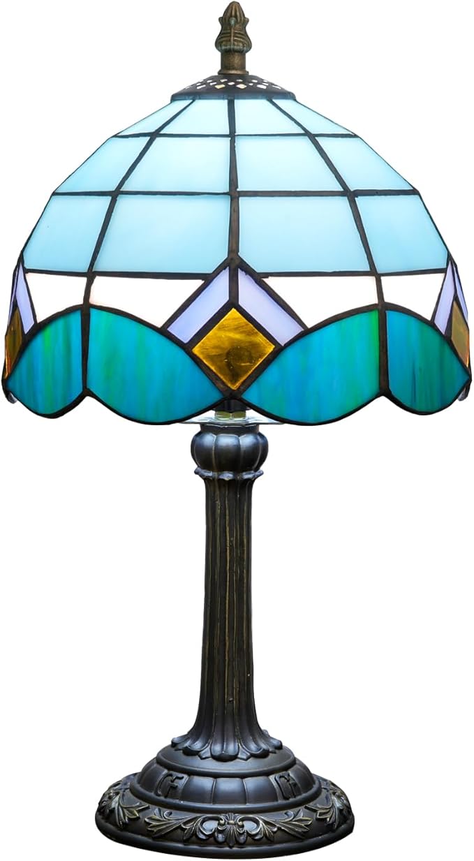 Sky Blue and White Lamp Small Tiffany Lamps Bedside Nightstand for Bedroom Dector Light Stained Glass Table Lamp Living Room Kitchen Night Lamp Farmhouse Cute 8 Inch Aesthetic Mediterranean Desk Lamps - Bloomnest