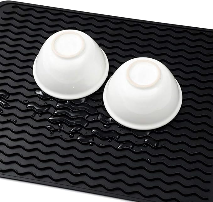 Silicone Dish Drying Mat for Multiple Usage,Easy clean,Eco-friendly,Heat-resistant Silicone Mat for Kitchen Counter or Sink,Refrigerator or drawer liner Black L 16 inches x 12 inches - Bloomnest