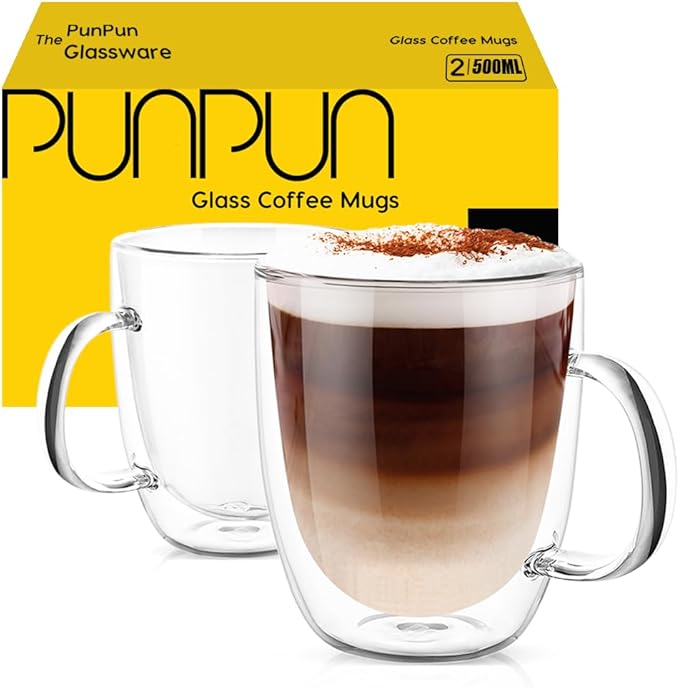 PunPun 17oz.500ml Large Coffee Mug,Double Walled Clear Mugs,Coffee Glass Cup, Heat Resistant Borosilicate Clear Glasses,Premium Glasses, Set of 2 - Bloomnest