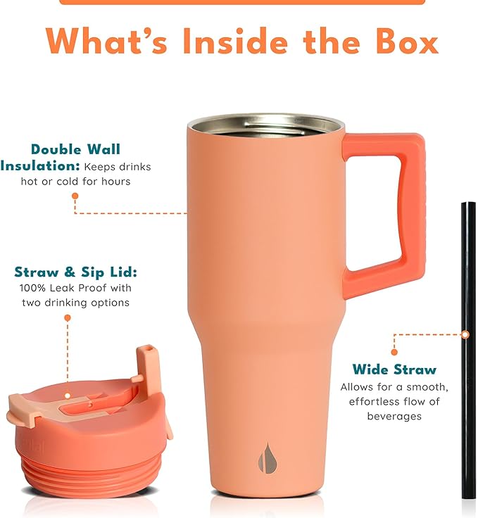 Elemental 32 oz 100% Leak Proof Tumbler with Handle & Straw - Stainless Steel Double Wall Insulated Tumbler for Hot and Cold Beverages - Travel Coffee Mug with Sip & Straw Lid - Peach Sunrise - Bloomnest