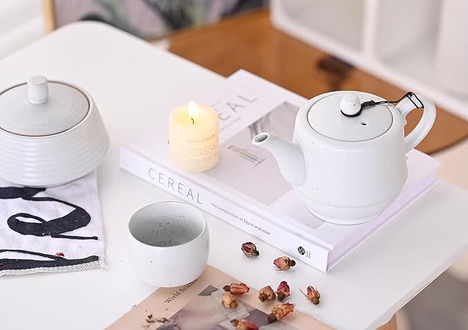 Rural Style Ceramic Teapot with Stainless Steel Infuser 16 Ounces Porcelain Blooming & Loose Leaf Teapot (White)