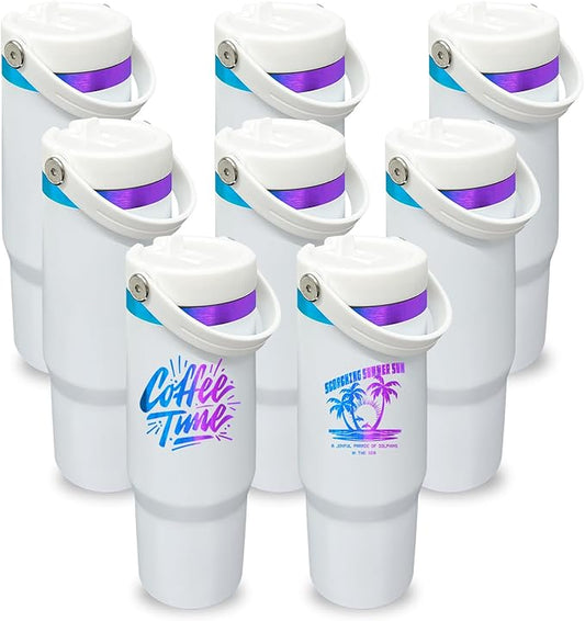 30 oz Tumbler with Handle, Double Wall Vacuum Insulated Tumblers with Flip Straw, Coffee Mug 30oz Powder Coated Cup for Hot and Cold Drinks(Blue Purple Plated, White,8 pack)