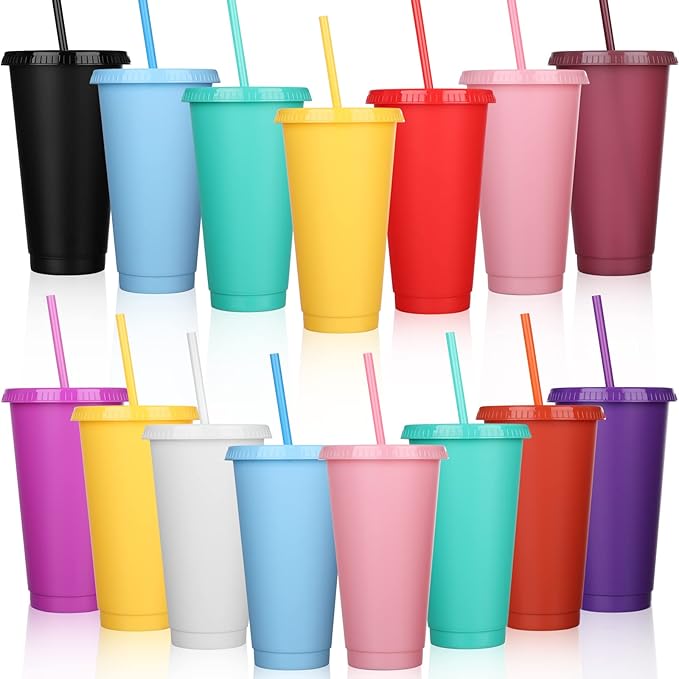 Honeydak 15 Pack Tumbler with Straw and Lid Bulk Water Bottle Iced Coffee Travel Mug Cup Reusable Plastic Cups for Party Birthdays 24-27 oz (Solid Color) - Bloomnest