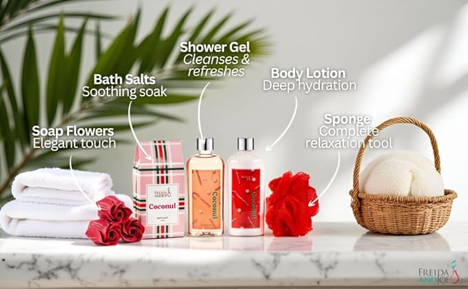 Coconut Spa Valentines Gift Basket Bath & Body Set with Shower Gel, Body Lotion, Bath Salts, Soap Flowers, Bath Sponge in a Wicker Basket (Red & Green Set) - Bloomnest