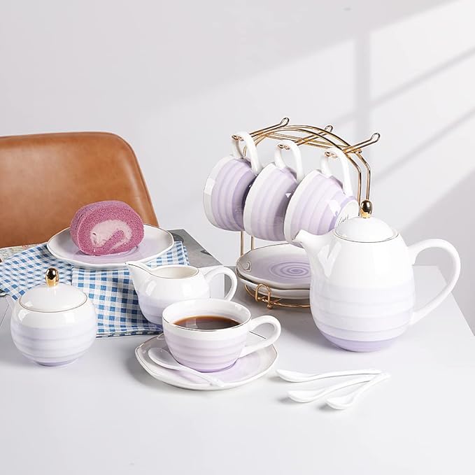 Sweejar Porcelain Tea Sets, 8 OZ Cups & Saucer Service for 4, Teapot Sugar Bowl Cream Pitcher Teaspoons and Tea Strainer for Adult Tea Coffee Afternoon Party (Purple) - Bloomnest