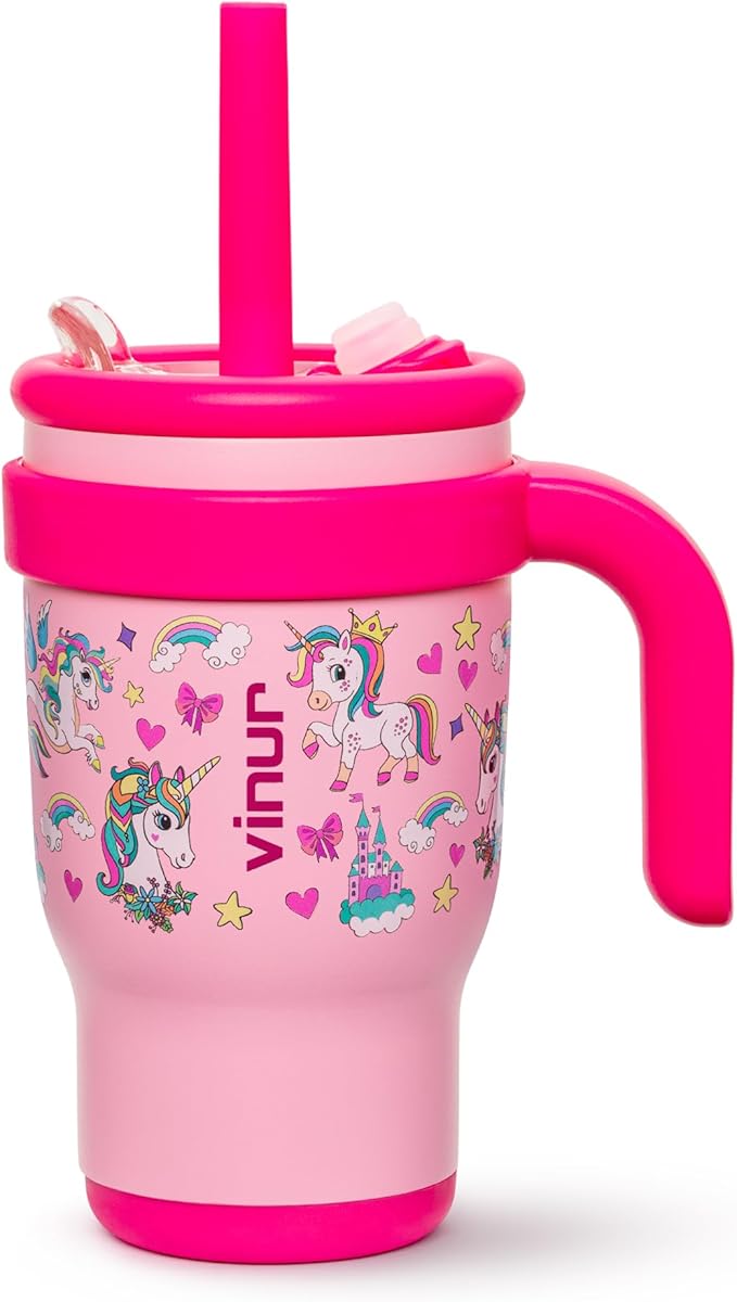 VINUR Kids 14 oz Tumbler with Handle-Reusable Stainless Steel Vacuum Insulated Tumbler with Lid and Straw, Leak Proof Water Cup for Travel(Unicorn) - Bloomnest
