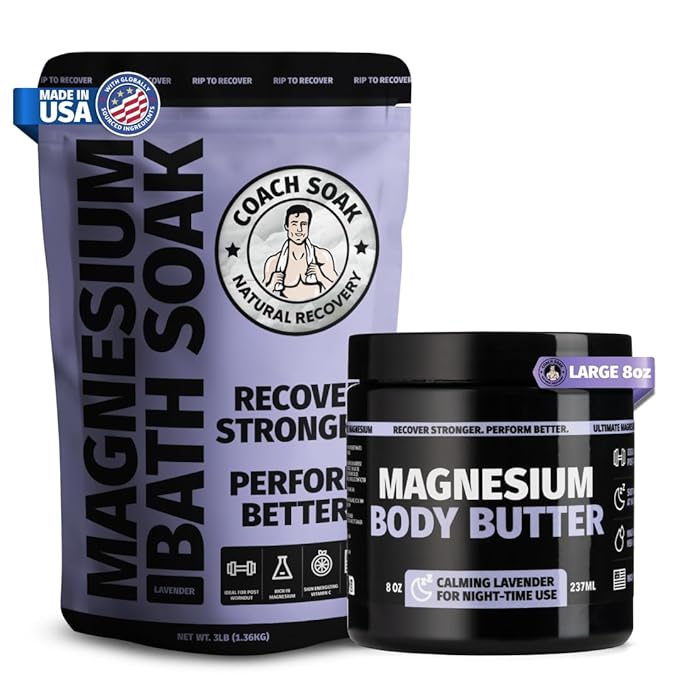Coach Soak Recovery Bath Soak & Nighttime Magnesium Body Butter Bundle - Calming Lavender Scent - 3lb Bath Salts & 8oz Body Cream with Essential Oils, Magnesium & Shea Butter - Bloomnest