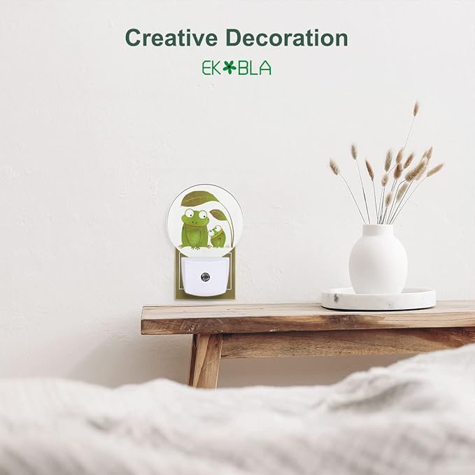 EKOBLA Frog Night Light Two Frogs Under Big Leaf Green Animal Cute Night Lights Plug into Wall for Boys Girls Room LED Round Lamp, Dusk to Dawn 0.5W Sleep Friendly - Bloomnest