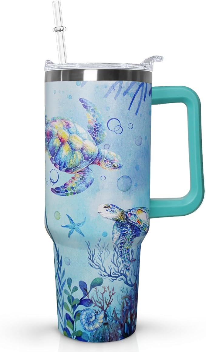Ceovfoi 40 Oz Sea Turtle Tumbler with Handle Lid and Straw,Double Wall Vacuum Stainless Steel Watercolor Ocean Turtle Cup,Water Bottle,Travel Coffee Mug,Hawaiian Sea Turtle Decor,Accessories - Bloomnest