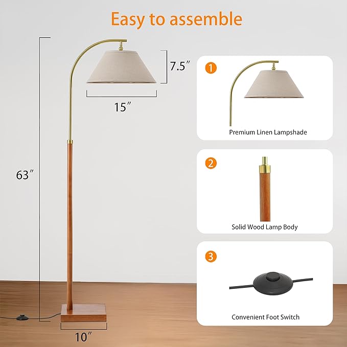 63" Floor Lamp for Living Room with Foot Switch Wood Standing Lamp Tall Lamp Mid Century Modern Arc Floor Lamps for Bedroom Office Industrial Reading - Bloomnest