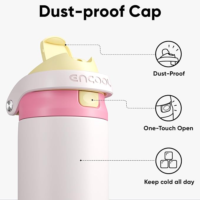 ENCOOL Leakproof Insulated Water Bottle with Straw Dual-Sip Water Bottle Bag-Safe Design for Work, Commute & Gym – Keeps Drinks Cold All Day, 24 oz, Butter Rose ENCOOL