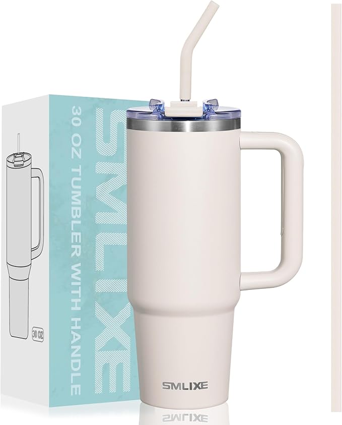 30 oz Tumbler with Handle, Tumbler with Lid and Straw, Double Wall Vacuum Insulated Travel Mug Stainless Steel Tumbler for Hot and Cold, Cupholder Friendly (Almond Birch) - Bloomnest