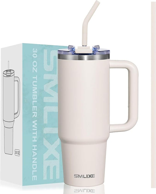 30 oz Tumbler with Handle, Tumbler with Lid and Straw, Double Wall Vacuum Insulated Travel Mug Stainless Steel Tumbler for Hot and Cold, Cupholder Friendly (Almond Birch) - Bloomnest
