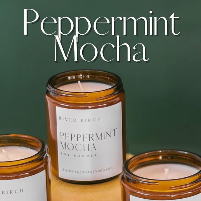 River Birch Candles Peppermint Mocha Scented Candle | Premium, All-Natural, Non-Toxic, Soy Amber Candles | 8.5oz 40 Hr Burn Time | Cozy Relaxing Gifts for Home - Bloomnest
