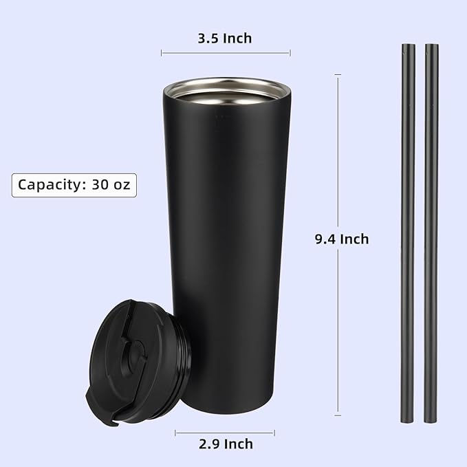 30 OZ Insulated Tumbler with Lid and 2 Straws Stainless Steel Water Bottle Vacuum Travel Mug Coffee Cup,Black - Bloomnest