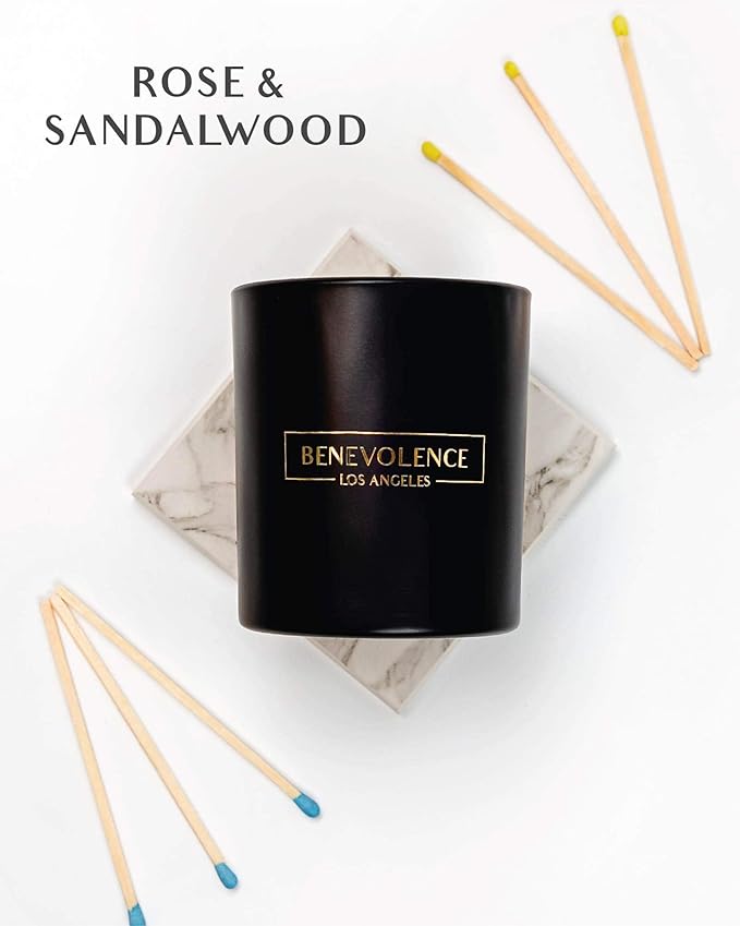 Benevolence LA Rose & Sandalwood Scented Candle | Soy Christmas Candles, Black Candle for Home | Holiday Candles Gifts for Women and Men | Home Fragrance | Aromatherapy | 8oz, 45 Hour Burn - Bloomnest