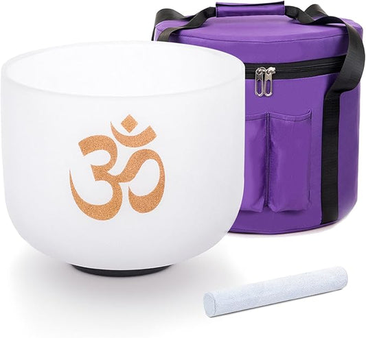 8" A Note 432HZ Om Design For Meditation Sound Yoga Healing Third-eye Chakra Crystal Singing Bowl Frosted Quartz with Durable Carrying Case Suede Striker O-ring - Bloomnest
