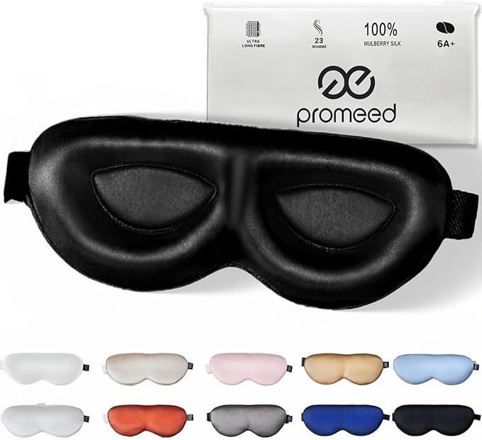 PROMEED Adjustable 100% Mulberry Silk Sleep Mask 23 Momme, 3D Contoured No-Pressure Cup Eye Mask for Sleeping, Super Soft Breathable Blindfold, Perfect Blocks Light for Sleeping (Black) - Bloomnest