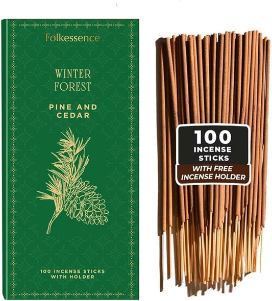 Folkulture Incense Sticks | Set of 120 Insence-Sticks with Holder for Relaxation |Pine & Cedar Incense| Organic, Slow Burning & Non Toxic Inscents | Luxe Woody Fragrances for Meditation