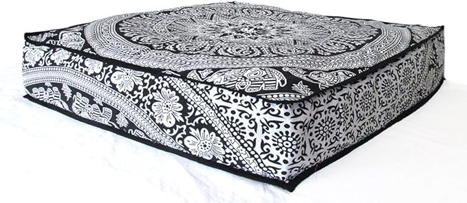 Black White Elephant Flower Mandala Mandala Barmeri Large Floor Pillow Cover Cushion Meditation Seating Ottoman Throw Cover Hippie Decorative Zipped Bohemian Pouf Ottoman Cases 24 " square - Bloomnest