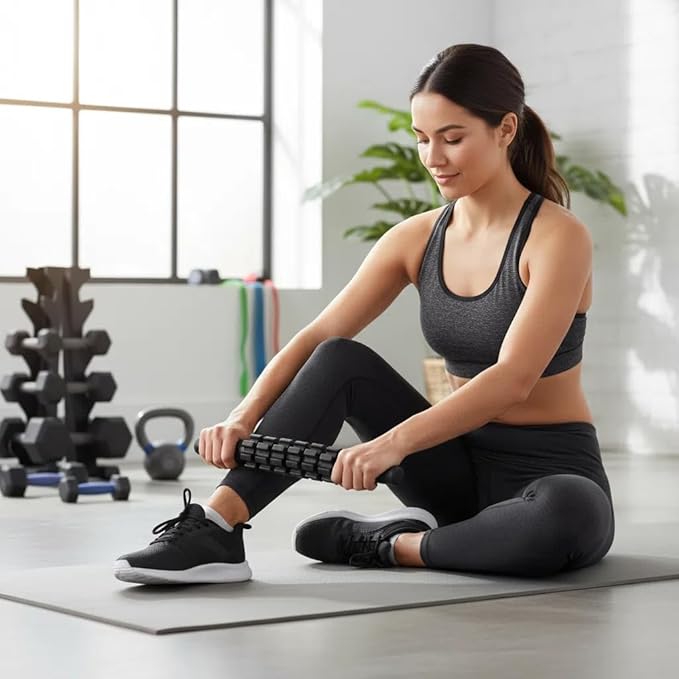 6 in 1 Foam Roller Set Includes Hollow Core Massage Roller, Yoga Stick, Massage Ball, Fitness Stretching Strap, Carrying Bag, Towel, Massage Roller (Black) - Bloomnest