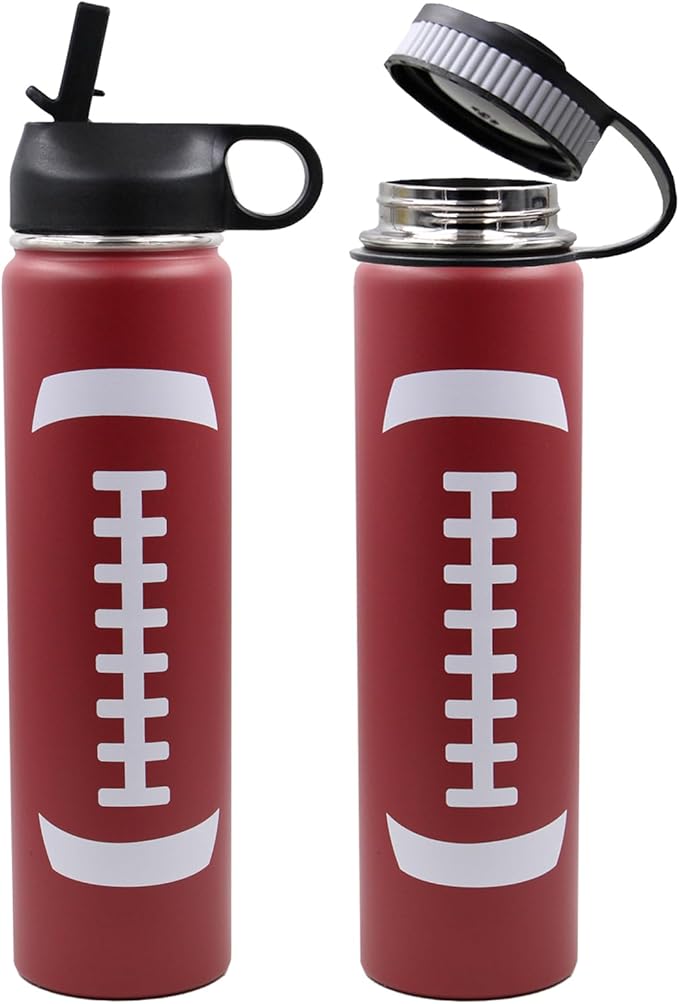 25 oz Football Water Bottle with Straw, Sports Flask Metal Travel Tumbler with 2 Lids, Stainless Steel Double Wall Vacuum Insulated Leak Proof Thermo Water Bottles, Football Gear Gifts for Boys Girls - Bloomnest