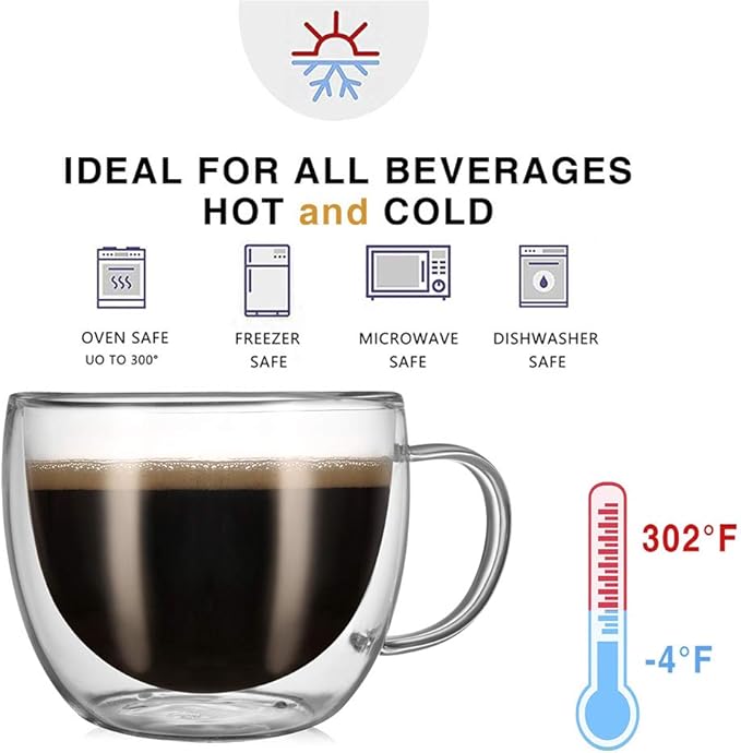 CNGLASS 8oz Double Wall Glass Coffee Mugs,Clear Insulated Espresso Glass Mugs with Handle for Latte,Cappuccino,Coffee,Set of 4 - Bloomnest