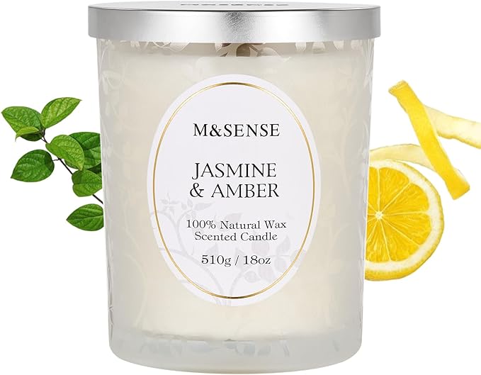 M&SENSE Jasmine Amber Candle, Cracking Wooden Wick Soy Wax, 18oz 100 Hours Long Lasting Clean Burn, Large Jar Candles for Home Scented, Non-Toxic Relaxing Aromatherapy Gifts for Women - Bloomnest