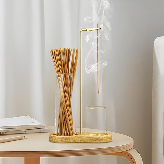 2 in 1 Incense Holder for Sticks, Anti-Ash Flying Incense Burne with Glass Ash Catcher and Incense Sticks Organizer for Meditation Yoga Spa Home Decor (Light Base) - Bloomnest