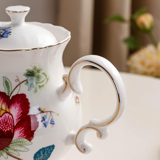 Jomop European Style Ceramic Flower Teapot Coffee Pot Water Pot Porcelain Gift Large 5.5 Cups (1, Blue and Red) - Bloomnest