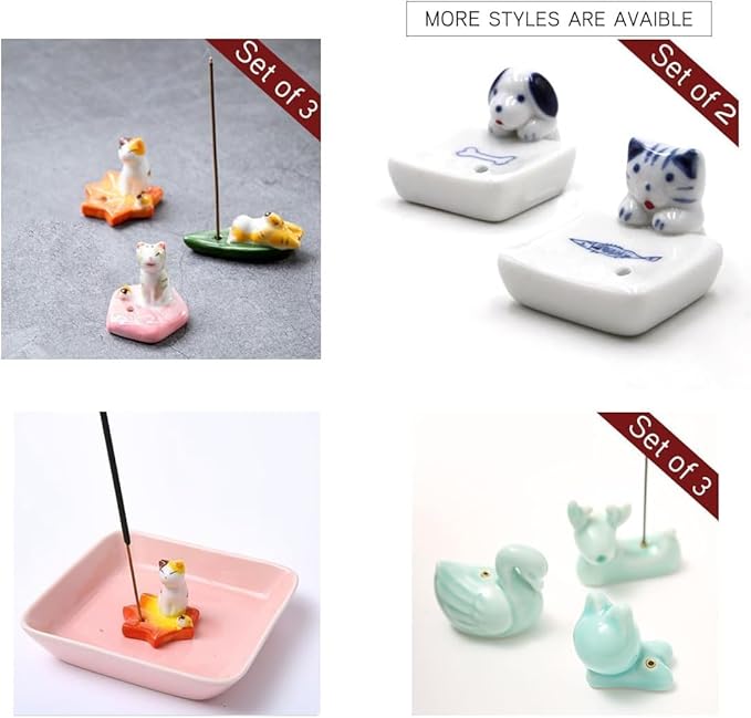 Set of 2, Japanese Mini Cute Kitty Cat with Dog Handmade White Ceramic Incense Stick Holder or Incense Burner Holder, Inscent Tray for Home Decor Yoga Spa Meditation, 1.42 inches - Bloomnest