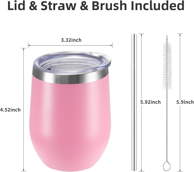 12 oz Insulated Wine Tumbler with Lid and Straw,Stainless Steel Stemless Wine Tumbler Glasses Double Wall Vacuum Wine Cups Tumbler Bulk for Coffee,Champaign,Cocktail,Office(Pink,8) - Bloomnest