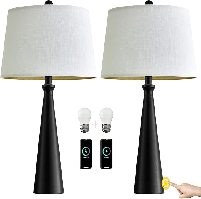 Oneach 25.75" Table Lamps Set of 2 for Living Room Bedroom, Bedside Lamp 3-Way Dimmable Touch Control, Modern Black Nightstand Light Fabric Shade Vintage Accent Style - Bloomnest