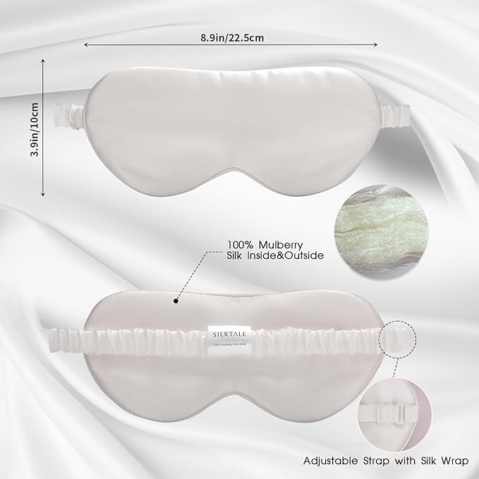 100% Mulberry Silk Eye Mask for Sleeping with Silk Wrapped Adjustable Strap,Ivory White - Bloomnest