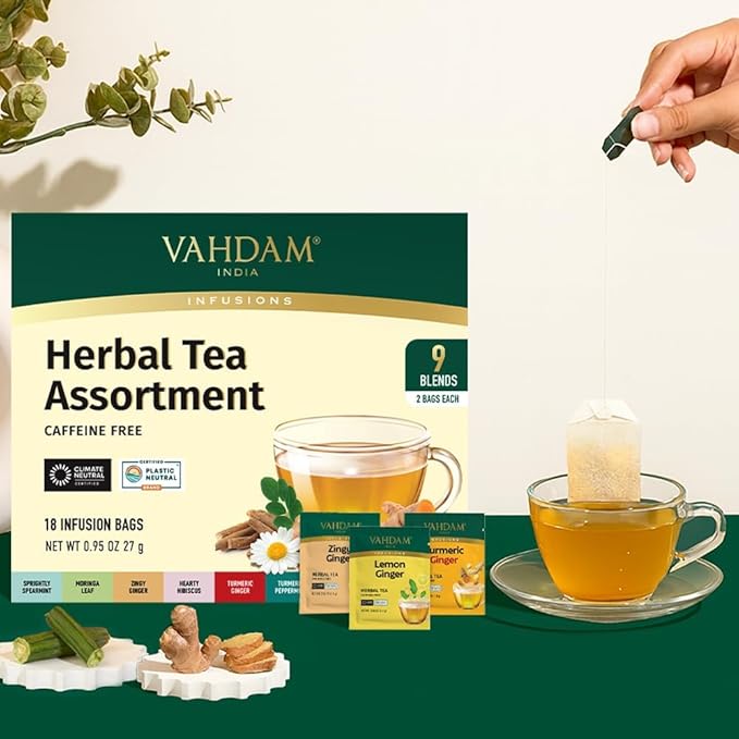 VAHDAM, Assorted Herbal Tea Sampler (18 Tea Bags, 9 Flavors) Caffeine-Free, Non-GMO | Double Infusion, Individually Enveloped Tea Bags | Herbal Tea Assortment - Bloomnest