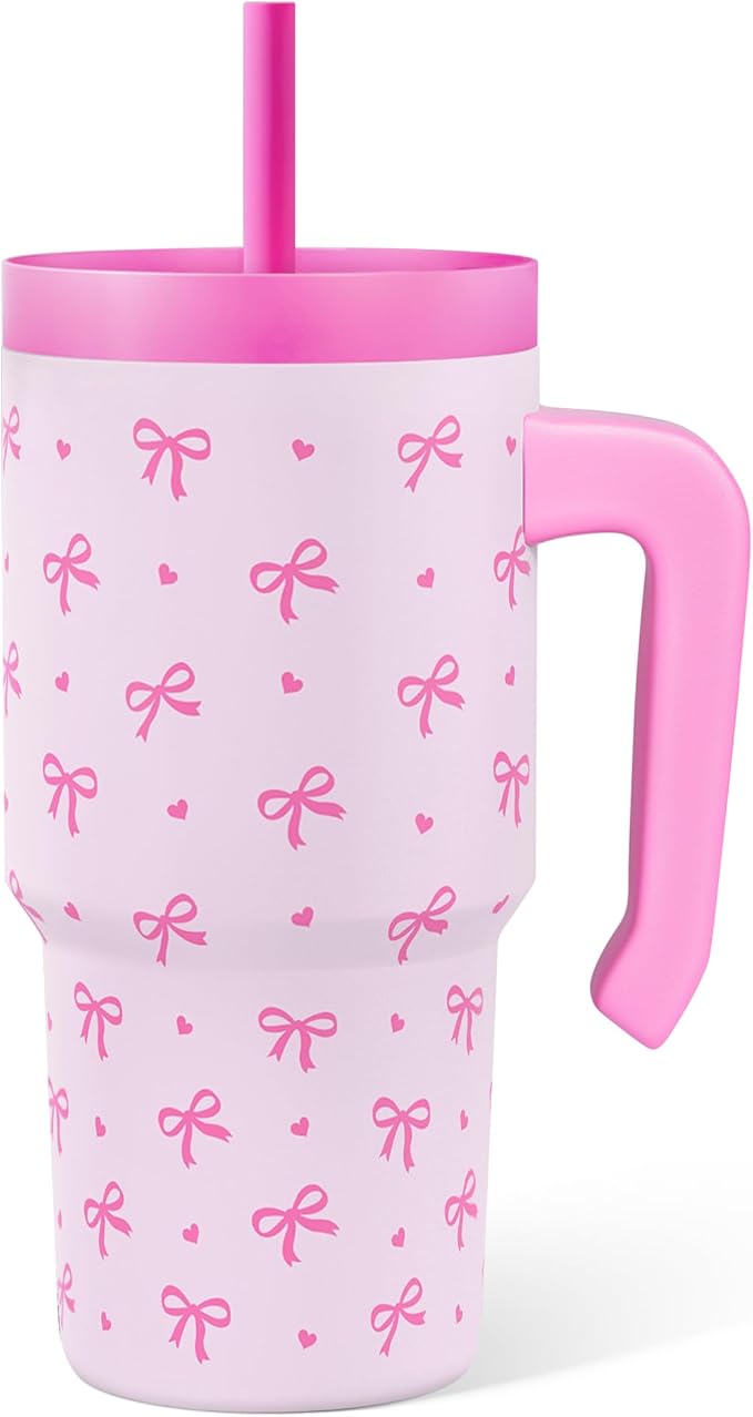 Bow Tumbler 20oz with Handle and Silicone Straw Lid for Kid, Insulated Stainless Steel Cup, Gift for Kids Girls, Gifts Idea for Birthday Christmas Back to School - Bloomnest