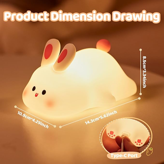 Big Face Rabbit Silicone Night Light for People - Squishy Bunny LED Lamp with Soft Touch, USB Rechargeable & Touch Control - Cute Decorative Bunny Light for Room. - Bloomnest