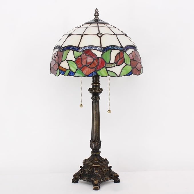 Tiffany Lamp Rose Flower Style Stained Glass Table Lamp Desk Reading Light 12X12X21 Inches with Resin Base Decor Bedroom Living Room - Bloomnest