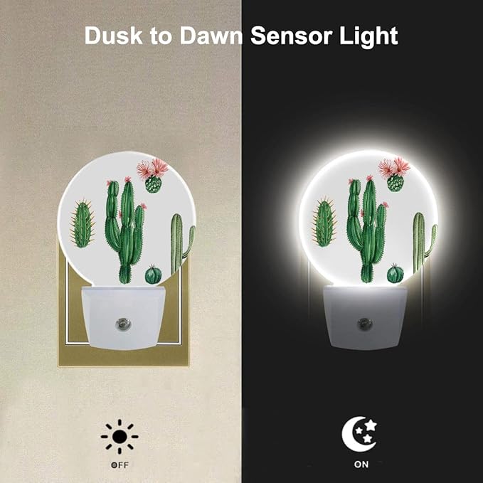 EKOBLA Plug in Cactus Night Light Exotic Cactus Pink Flower Desert Plant Green Night Lights Plug into Wall Round Lamp for Girls Boys Bedroom Bathroom Led Wall Decor - Bloomnest